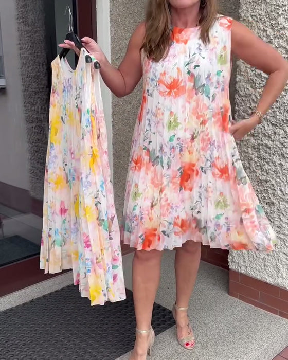 Klänning Ärmlös Plisserad Blommig