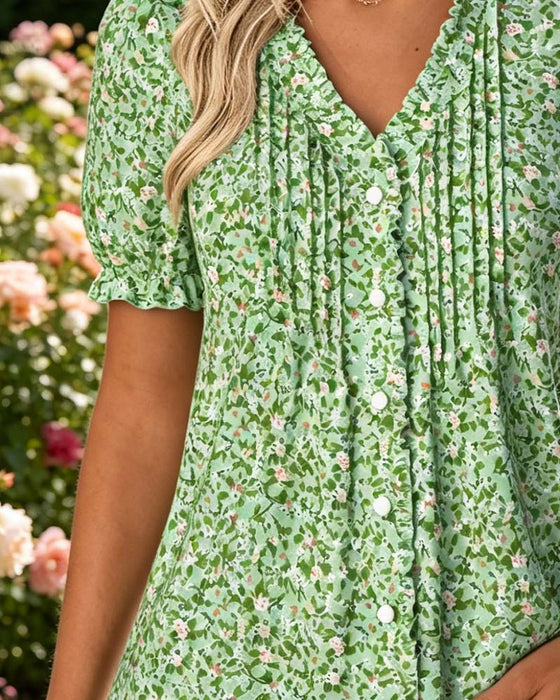 Blus V-Hals Blommig Tryck