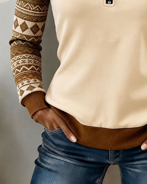Sweatshirt Halv Dragkedja Färgblock Vintage Patchwork