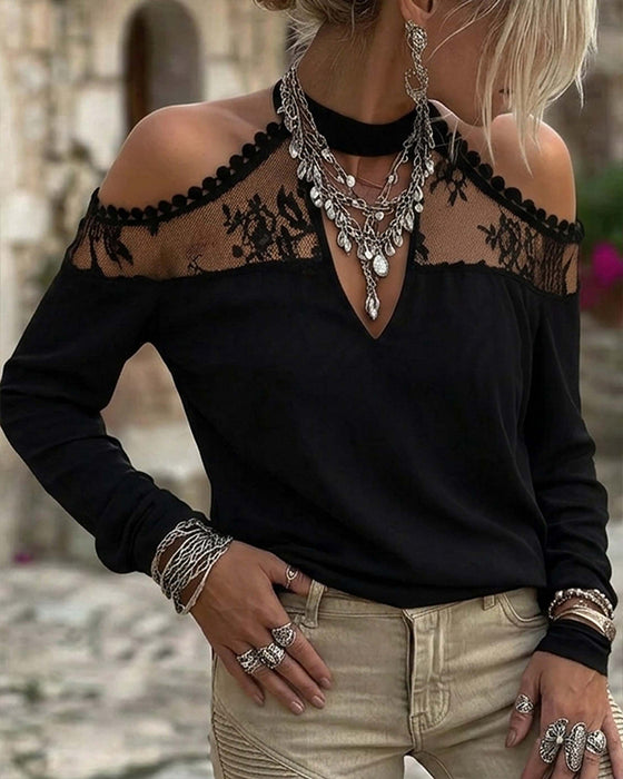 T-Shirt V-Hals Spets Patchwork Off-Shoulder