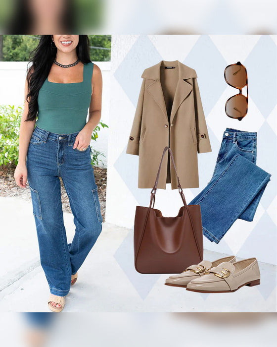 Jeans Dam Hög Midja Cargo Bred Ben Stretch