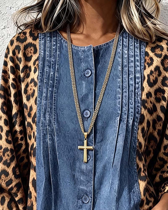 Blus Rundhals Knapp Leopard Denim Patchwork