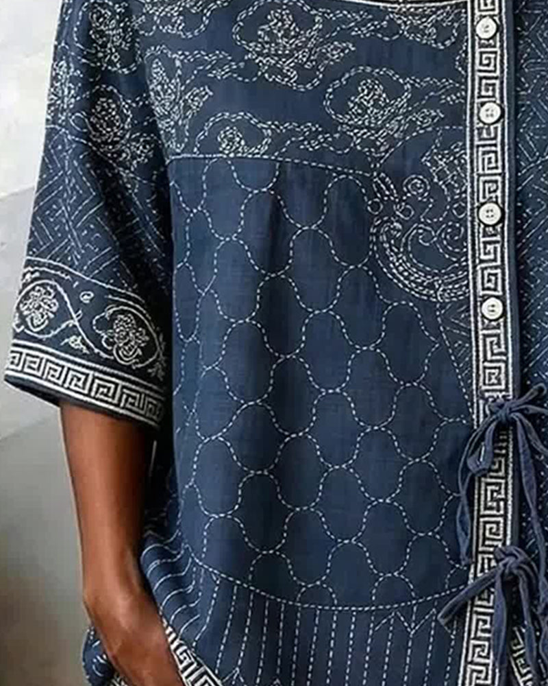 Blus Knyt Sida Asymmetrisk Knäppning Rundhalsad