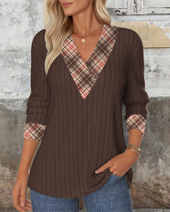 Tröja V-Ringad Panelerad Rutig Stickad