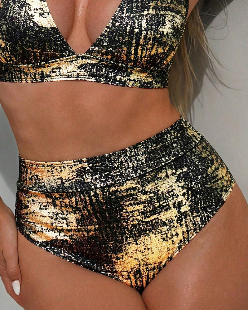 Bikini Guld Glansig Hög Midja