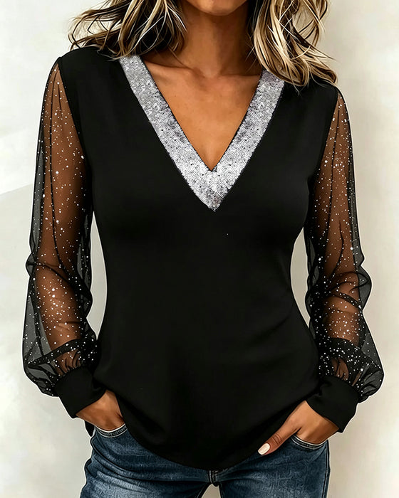 Blus Stilig V-Hals Patchwork Lång Ärm