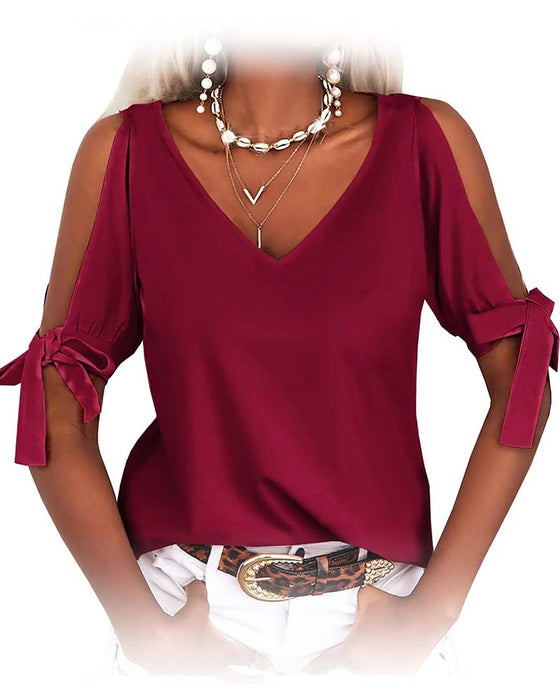 Blus V-Hals Cold Shoulder Rosett Enfärgad