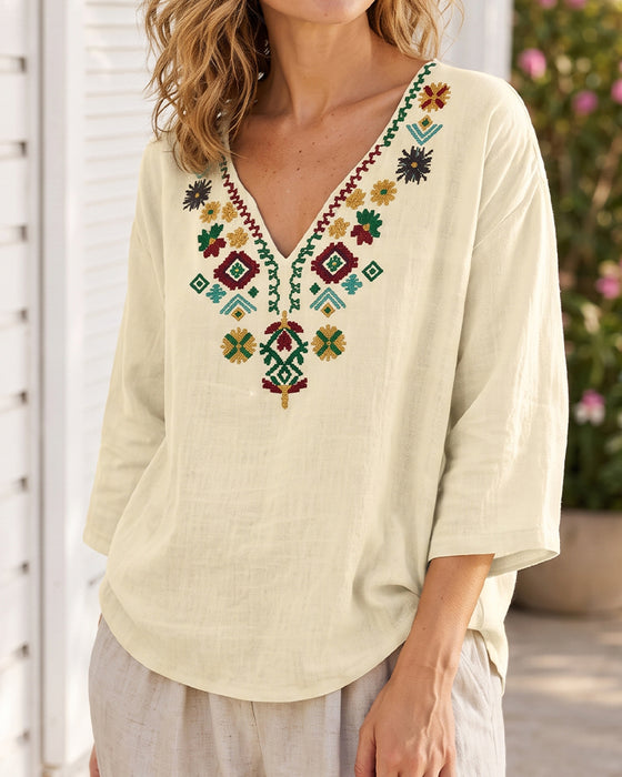 Blus V-Hals Bohemisk Tryckt