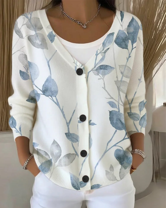Pullover V-Hals Knapp Blad Tryck