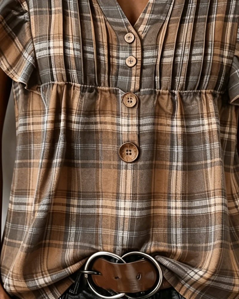 Blus Brun Gingham Flutter Ärm
