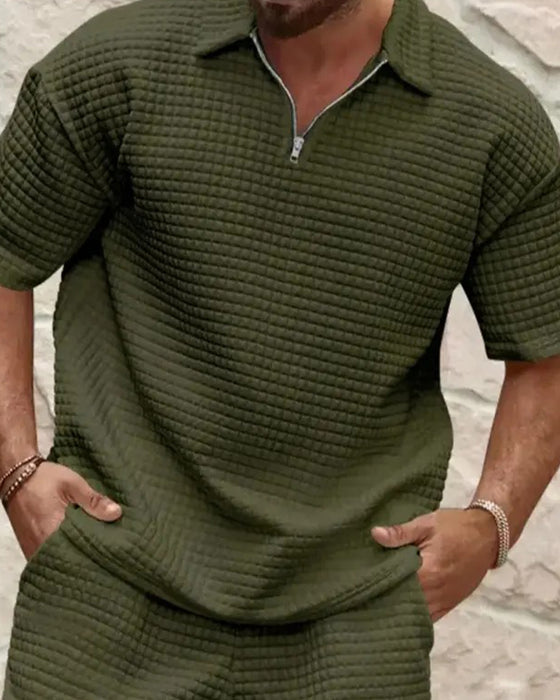 Set Polo Krage Dragkedja Våffel Textur Shorts