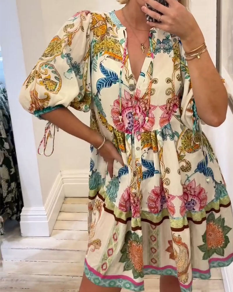 Babydollklänning Bohemisk V-Ringning Mönstrad