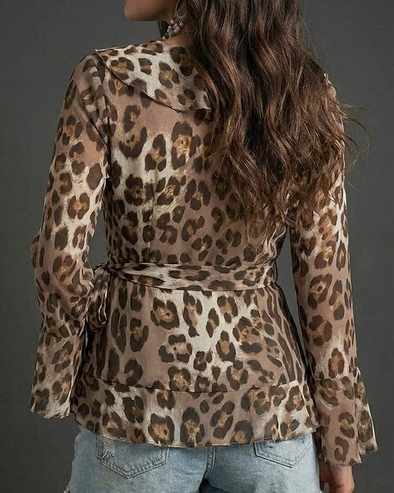 Blus Ruffle Ärm Leopard Tryck