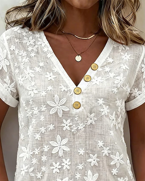 Blus Enfärgad 3d-Blommig V-Ringad