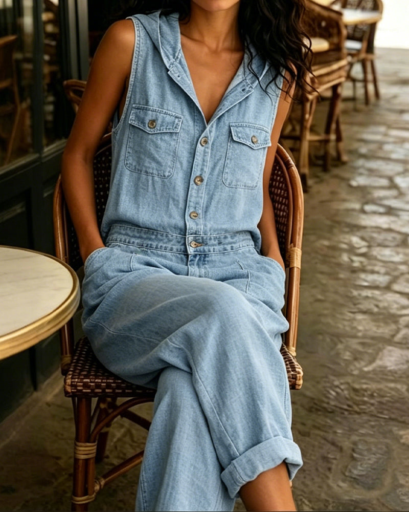 Jumpsuit I Tvättad Denim Ärmlös Med Huva