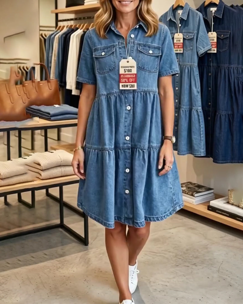 Klänning Denim Ruffle Lager Kort Ärm
