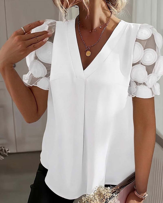 Blus Puffärm Mesh V-Ringning