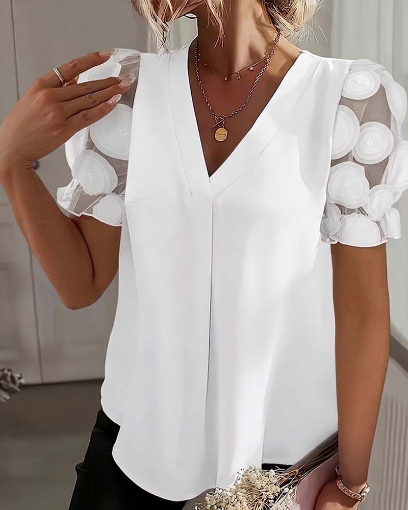 Blus Puffärm Mesh V-Ringning