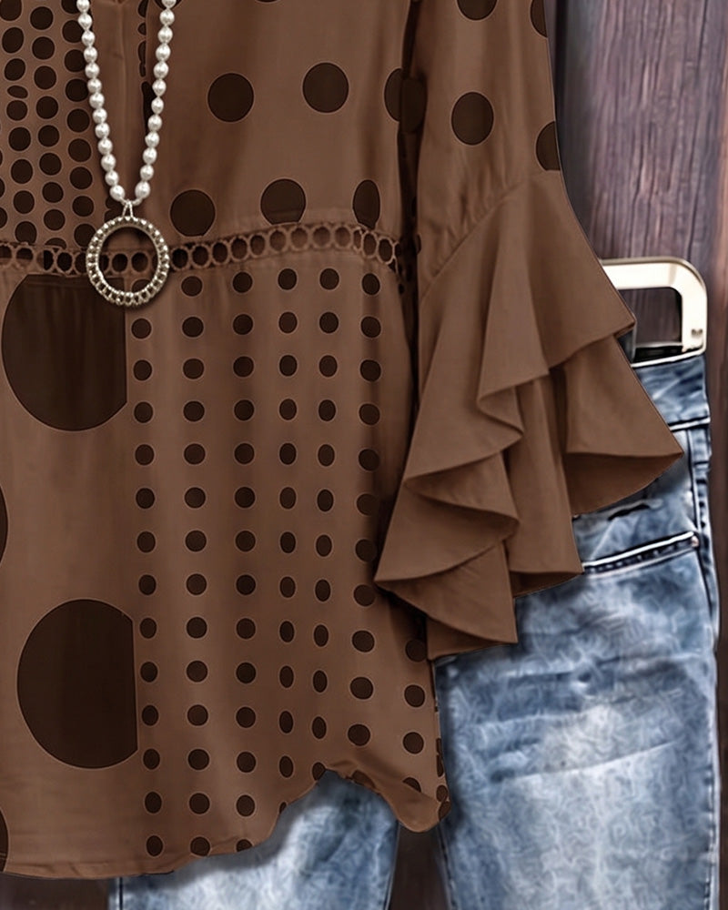 Blus Blandad Prickig Patchwork Ruffle