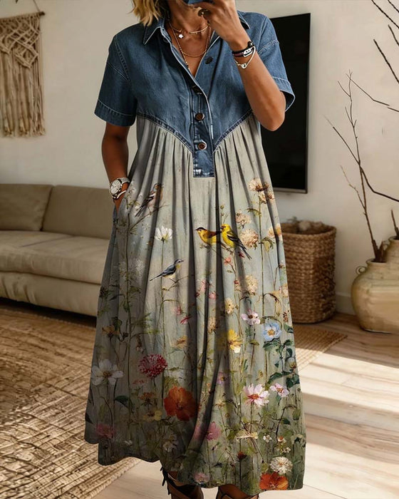 Klänning Skjortkrage Blommig Denim Patchwork