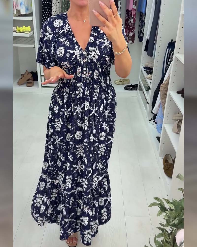 Klänning V-ringning Lössittande Tryckt Lång