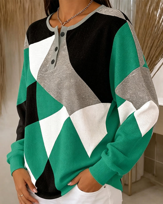 Topp Rundhals Knapp Färgblock Casual