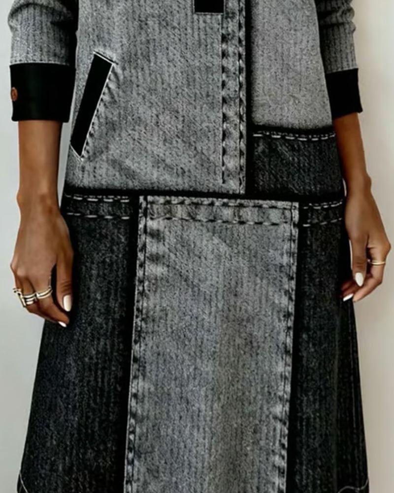 Klänning Knapp Slag V-ringning Färgblock Modern