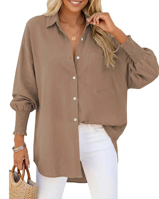 Blus Lös Ficka Enfärgad Elastisk-Ärm
