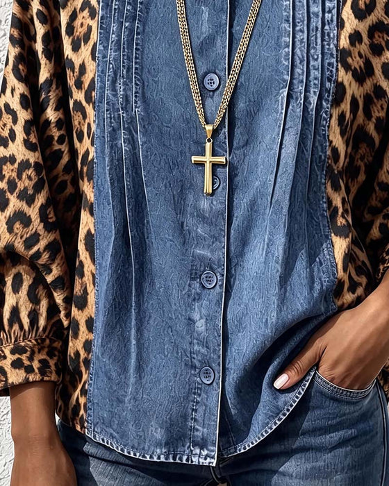 Blus Rundhals Knapp Leopard Denim Patchwork