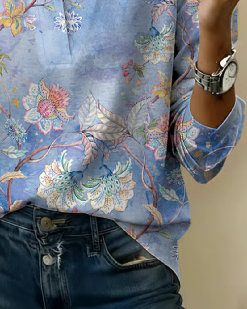 Blus Ståndkrage Långärmad Blommig