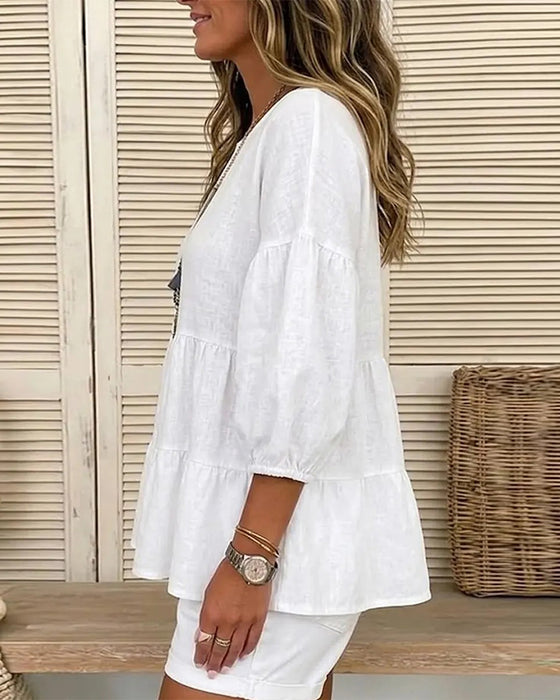 Blouse Rund Hals Baby Doll Lykta Mellan Ärm