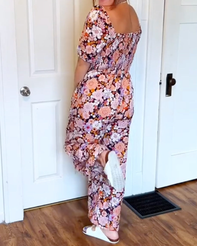 Hoppdräkt Fyrkantig Halsringning Blommig Rynkad