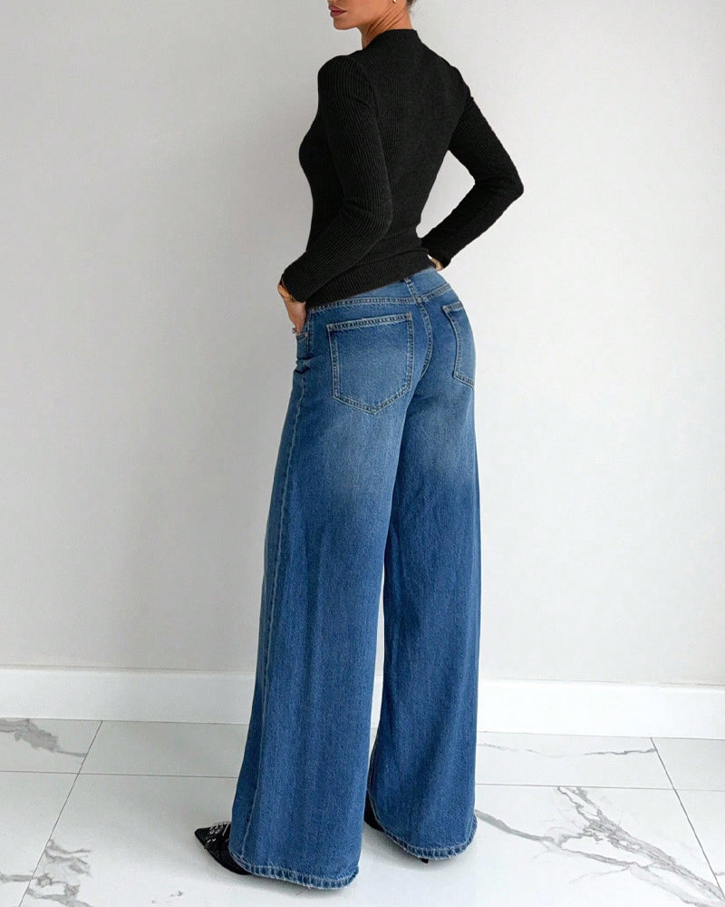 T-Shirt Dam Lång Ärm Ribbad Stickad Sväng Fram