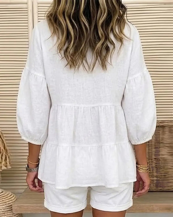Blouse Rund Hals Baby Doll Lykta Mellan Ärm