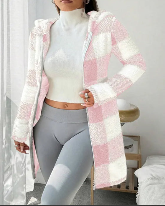 Kvinnors Rutiga Fleecejacka Med Huva Och Lång Ärm