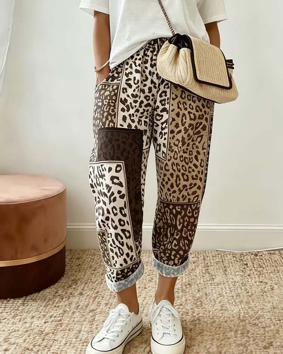 Byxor Leopard Tryck Rutig Kontrast Patchwork Avslappnad