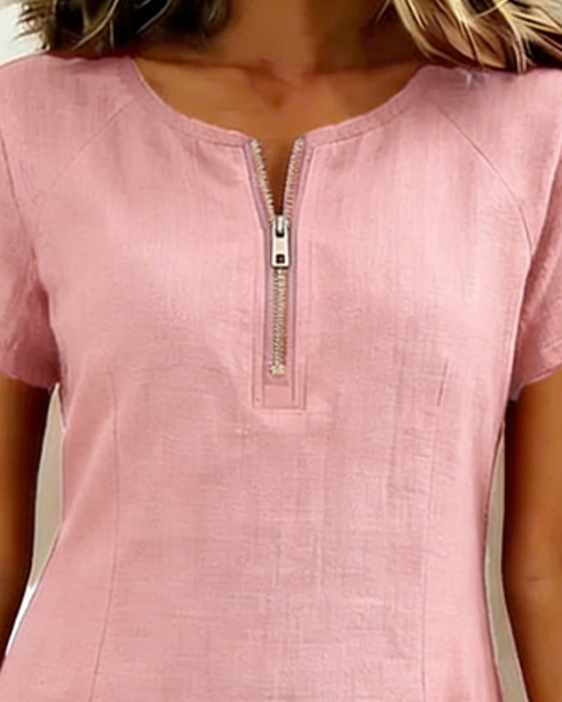 Klänning Dragkedja Ficka Bomull Linne