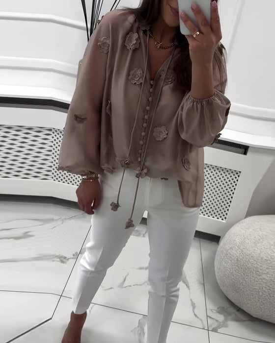 Blus Enfärgad 3D-Blommig Snörning