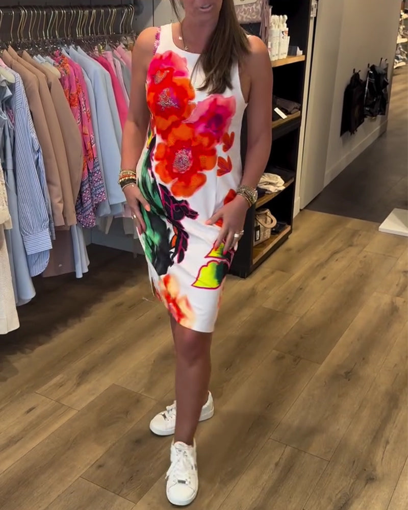 Klänning Akvarell Stor Blomma Ärmlös Höft