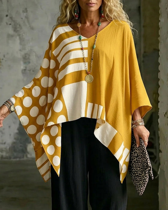 Blouse Polka Dot Rand Patchwork V Ringning