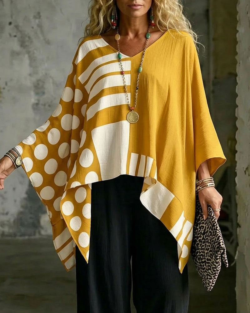 Blouse Polka Dot Rand Patchwork V Ringning