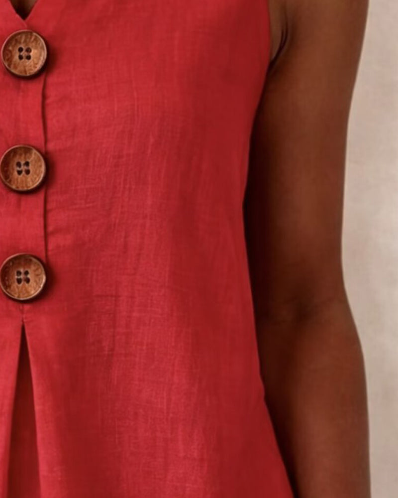 Linne Treknapp Ärmlös Enfärgad