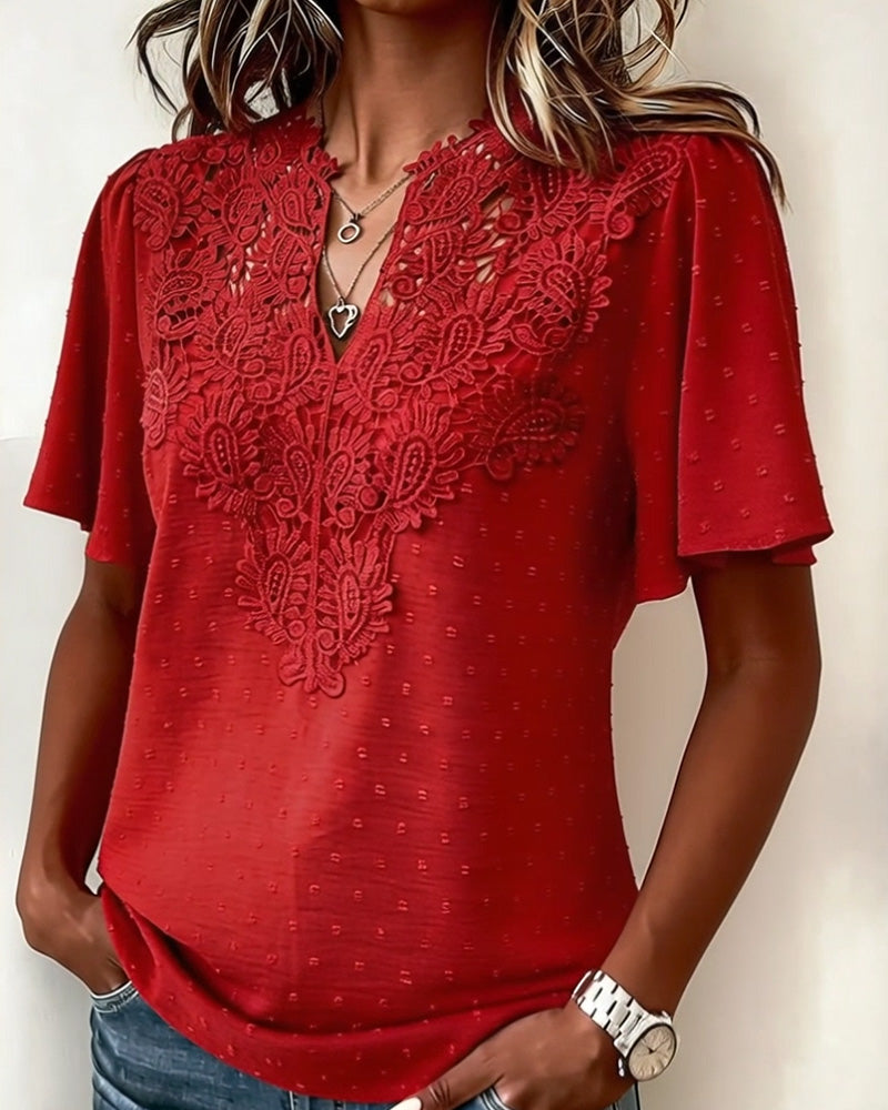 Blus Spets V-Hals Kort Ärm