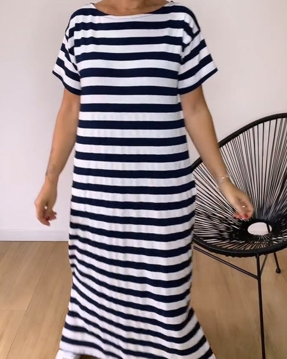 Klänning Lös Rak Randig T-Shirt Lång