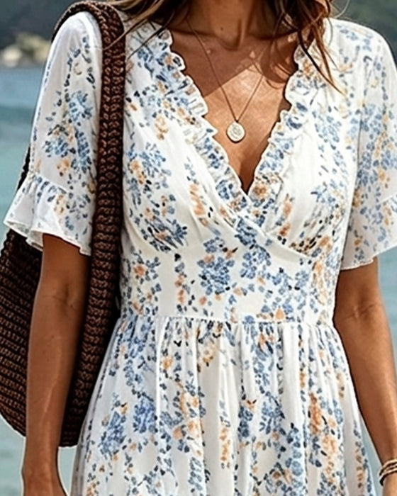 Klädning Blommig Ruffle V-Hals Patchwork