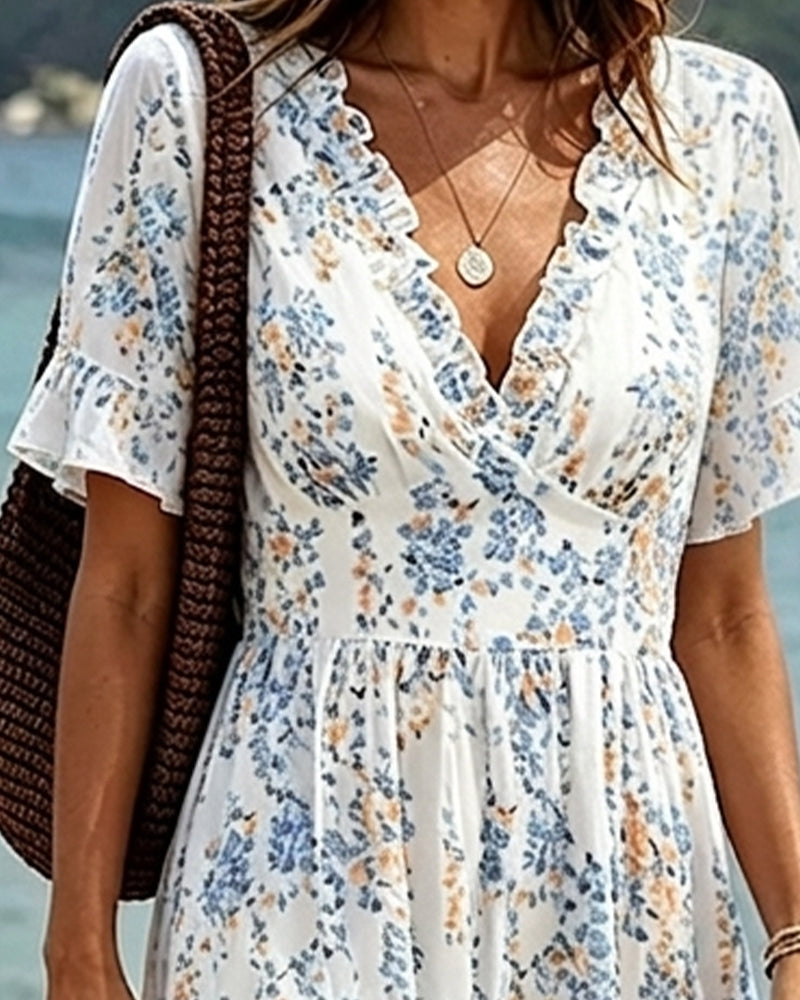 Klädning Blommig Ruffle V-Hals Patchwork