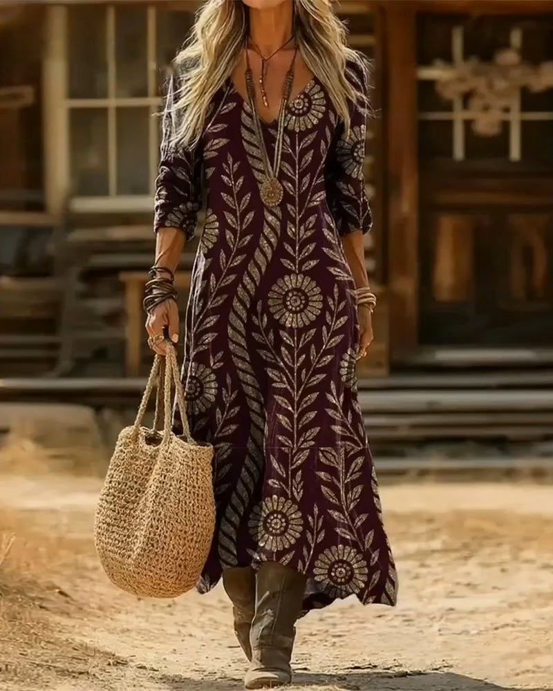 Klänning V-ringning Bladtryck