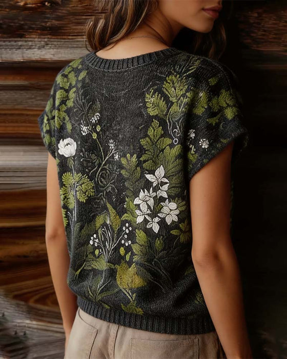 T-Shirt Rundhalsad Stickad Tryck Kort