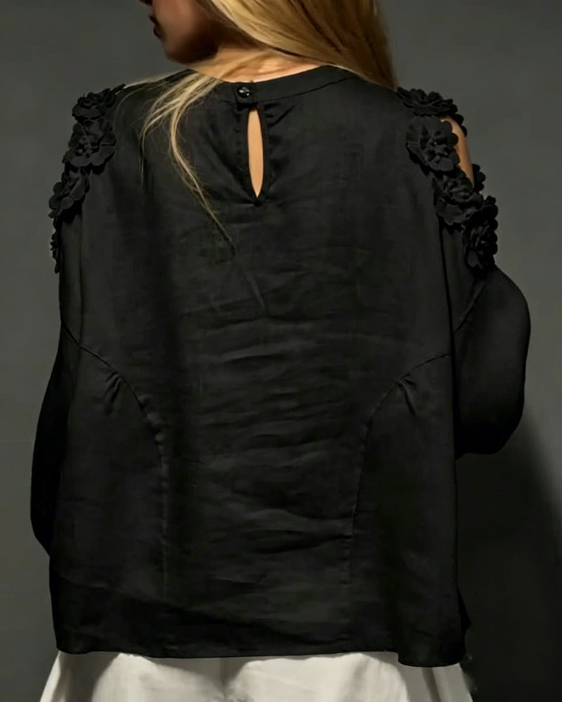 Blusar Rundhals Utskärning Off-Shoulder 3D Blommig