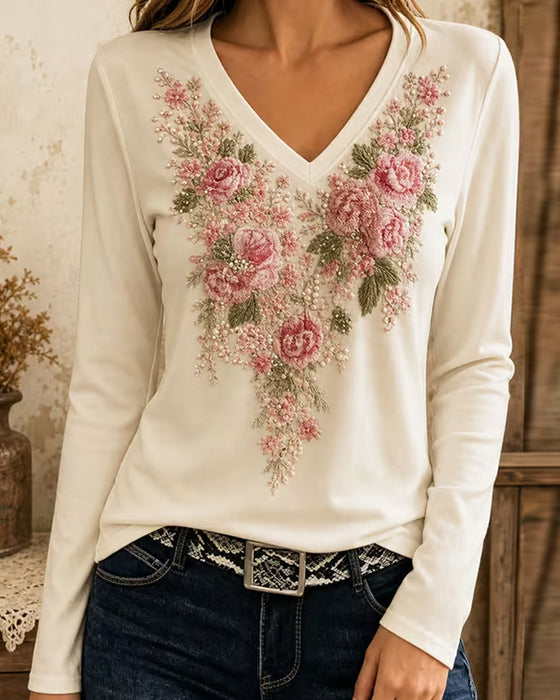 T-Shirt Lång Ärm V-Hals Blommig